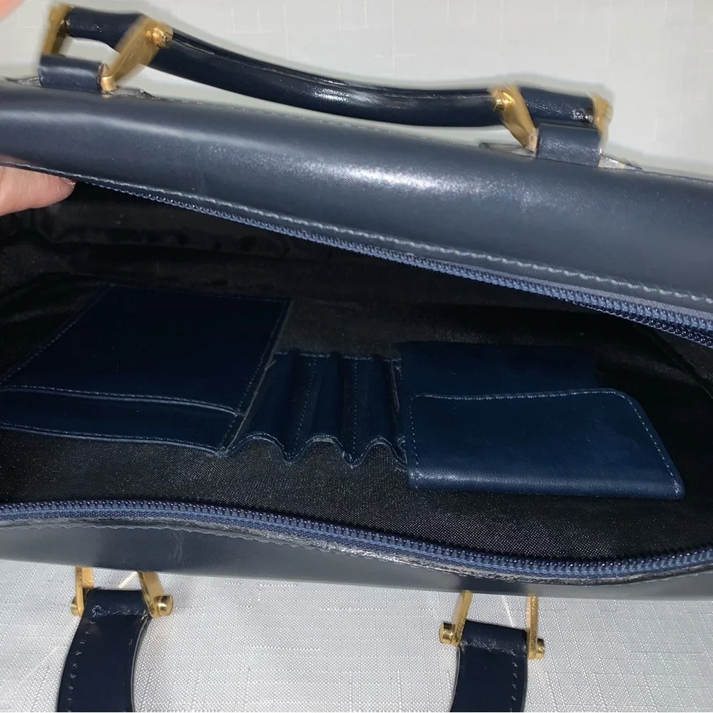 VINTAGE Atlantic Leather Briefcase Crossbody Handbag Navy Blue Attaché Case Luxe